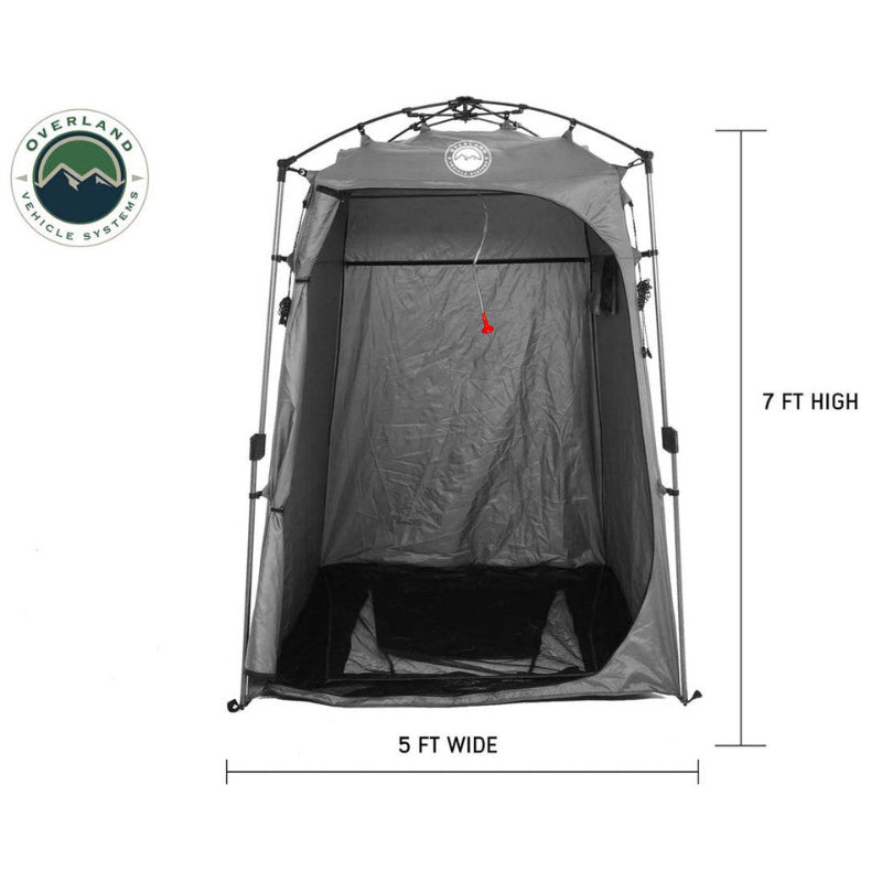 Image of a portable privacy shower tent interior showing dark gray fabric with open front, approximately 7 ft tall and 5 ft wide, straight front interior view on white background.
