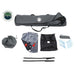 Image of a portable privacy shower tent kit showing carry bag, folded tent, ground stakes, straps, and accessories neatly laid out, top-down view on white background.