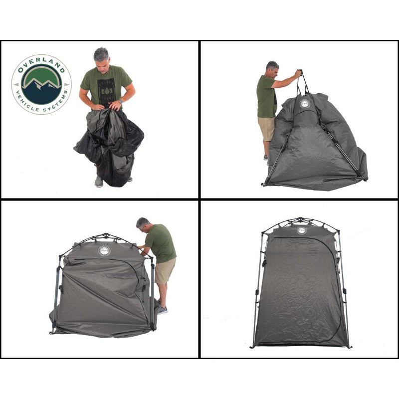 Image of a portable privacy shower tent setup sequence showing a person unfolding, assembling, and fully deploying the dark gray tent with collapsible frame, step-by-step views on white background.