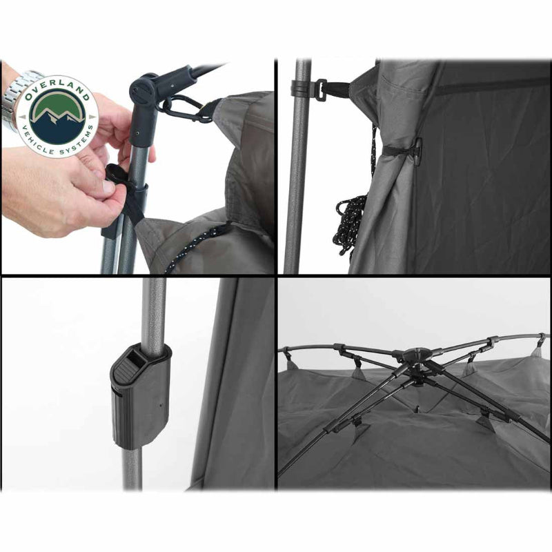Image of a portable privacy shower tent hardware details showing adjustable pole locks, fabric attachments, and reinforced frame joints, close-up detail views on white background.