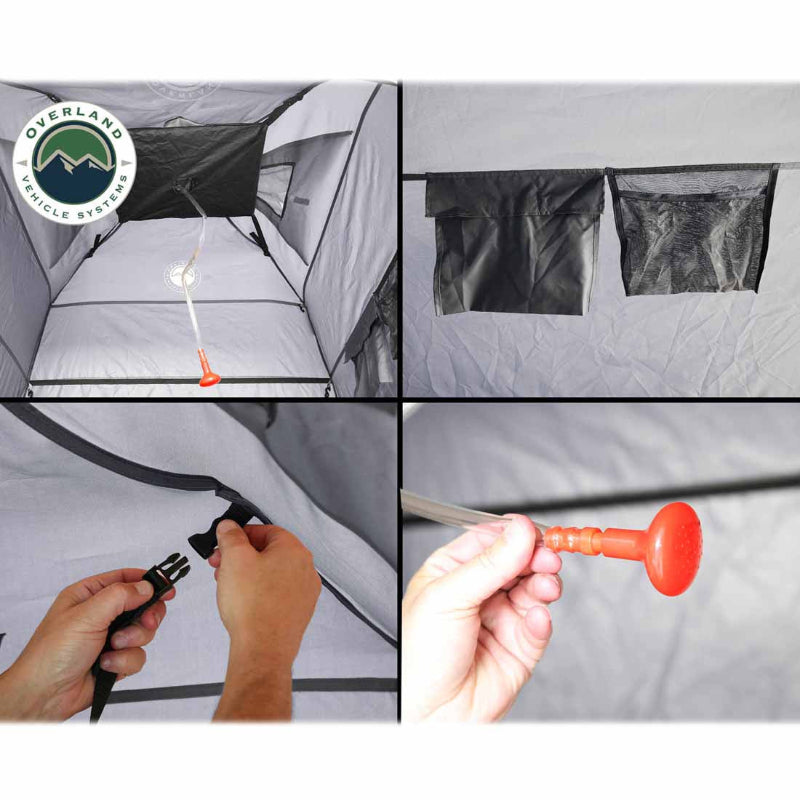 Image of a portable privacy shower tent feature collage showing interior shower setup, storage pockets, adjustable straps, and shower nozzle details, multiple close-up views on white background.