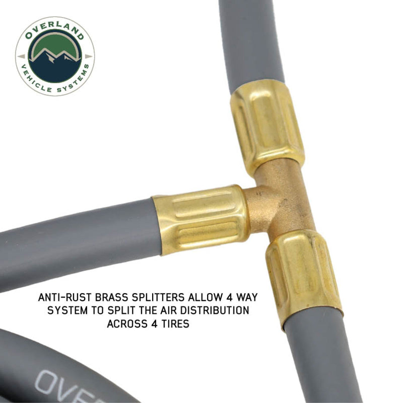 An image showing a close-up of a brass T-splitter for Overland Vehicle Systems' 4-way tire air distribution system. The text "ANTI-RUST BRASS SPLITTERS ALLOW 4 WAY SYSTEM TO SPLIT THE AIR DISTRIBUTION ACROSS 4 TIRES" is displayed below, with the OVS logo in the top left