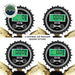 An image showcasing four digital pressure gauges for the Overland Vehicle Systems (OVS) D.T.D. tire deflator, illustrating "4 DIFFERENT AIR PRESSURE READING OPTIONS." Each gauge displays "0.00" with different units: Kpa, Bar, and two Psi readings (one to two decimal places). All gauges are black with green illuminated displays and feature brass quick connect fittings at the bottom