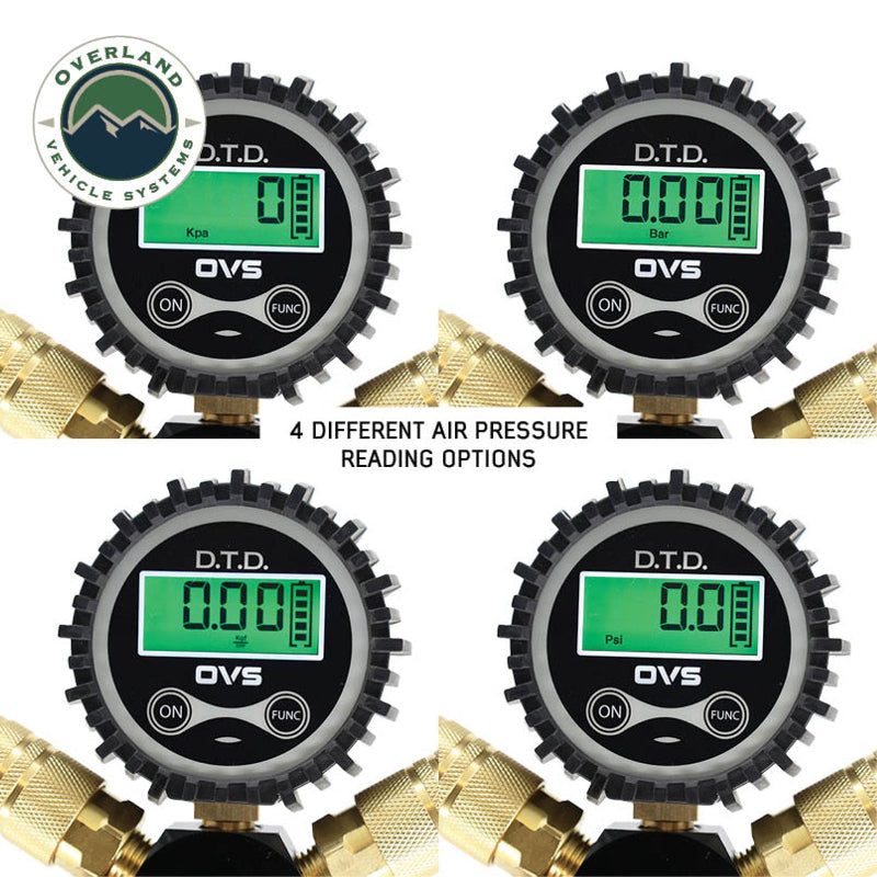 An image showcasing four digital pressure gauges for the Overland Vehicle Systems (OVS) D.T.D. tire deflator, illustrating "4 DIFFERENT AIR PRESSURE READING OPTIONS." Each gauge displays "0.00" with different units: Kpa, Bar, and two Psi readings (one to two decimal places). All gauges are black with green illuminated displays and feature brass quick connect fittings at the bottom
