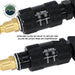 An image displaying two close-up views of the black air valve on the Overland Vehicle Systems (OVS) tire deflator. Both panels show the valve with "Open" and "Close" indicators. The top panel depicts the valve in a slightly different position than the bottom, illustrating the mechanism. The text "OPEN AND CLOSE AIR VALVE TO DEFLATE AND ALLOW INFLATION FROM AIR COMPRESSOR" explains its function