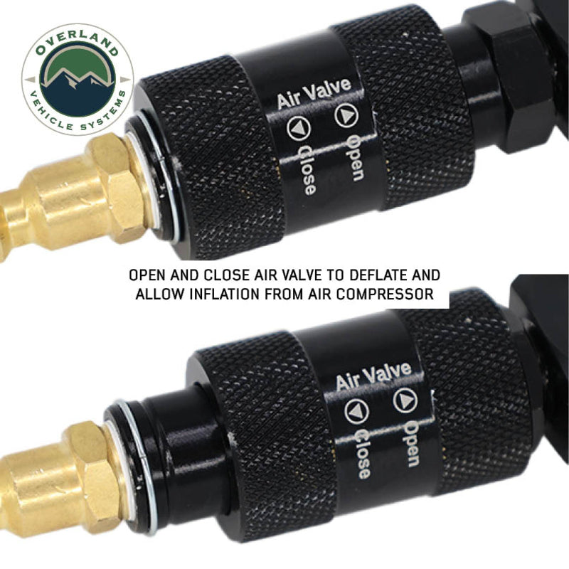 An image displaying two close-up views of the black air valve on the Overland Vehicle Systems (OVS) tire deflator. Both panels show the valve with "Open" and "Close" indicators. The top panel depicts the valve in a slightly different position than the bottom, illustrating the mechanism. The text "OPEN AND CLOSE AIR VALVE TO DEFLATE AND ALLOW INFLATION FROM AIR COMPRESSOR" explains its function