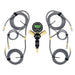 An image of an Overland Vehicle Systems (OVS) D.T.D. digital tire deflator kit designed for four tires. The kit features a central black manifold with a green digital pressure gauge displaying "30.0 PSI," connected to two gray air hoses, each branching into two additional hoses, all with brass fittings and universal quick connect chucks. The hoses are neatly coiled and secured with straps, presented against a clean white background