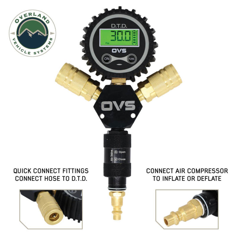 An image close-up of the OVS D.T.D. digital tire deflator manifold, showing the "30.0 PSI" digital gauge, brass quick connect fittings, and the air valve, with insets demonstrating hose and compressor connections