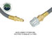 An image showing a close-up of a gray air hose with a brass quick connect male fitting on the left, and a corresponding silver and brass quick connect female fitting on the right, designed for the Overland Vehicle Systems (OVS) tire equalization system. The text below reads "QUICK CONNECT FITTINGS AND SPLITTERS TO EQUALIZE 2-4 TIRES."