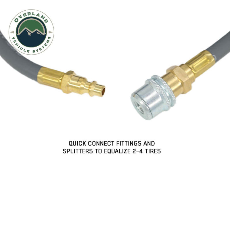 An image showing a close-up of a gray air hose with a brass quick connect male fitting on the left, and a corresponding silver and brass quick connect female fitting on the right, designed for the Overland Vehicle Systems (OVS) tire equalization system. The text below reads "QUICK CONNECT FITTINGS AND SPLITTERS TO EQUALIZE 2-4 TIRES."