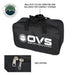 An image of a black ballistic nylon carrying bag for Overland Vehicle Systems (OVS) gear, featuring the OVS logo and text "BALLISTIC NYLON CARRYING BAG INCLUDED FOR COMPACT STORAGE." An arrow points to the bag's handle for compact storage. An inset at the bottom left shows a close-up of "SBS ZIPPERS" on the bag