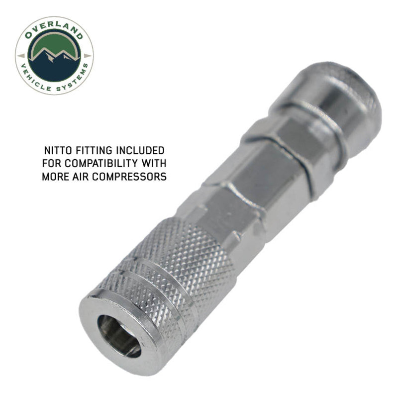 An image of a silver Nitto fitting, a type of quick connect air compressor fitting, made of polished metal with a textured grip. The text "NITTO FITTING INCLUDED FOR COMPATIBILITY WITH MORE AIR COMPRESSORS" is displayed next to it, with the Overland Vehicle Systems (OVS) logo in the top left corner