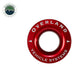Image of Overland Vehicle Systems recovery ring with red anodized aluminum finish and engraved branding, circular recovery hardware shown in front view on white background.