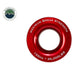 Image of Overland Vehicle Systems recovery ring with red anodized aluminum finish showing maximum break strength rating of 35,000 lbs, circular recovery hardware displayed in front view on white background.