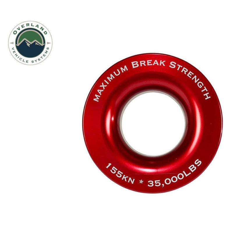 Image of Overland Vehicle Systems recovery ring with red anodized aluminum finish showing maximum break strength rating of 35,000 lbs, circular recovery hardware displayed in front view on white background.