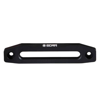 Image of OVS recovery winch aluminum fairlead with black powder coat and clear finish, straight front-facing view showing smooth tapered slot and mounting holes on a white background.