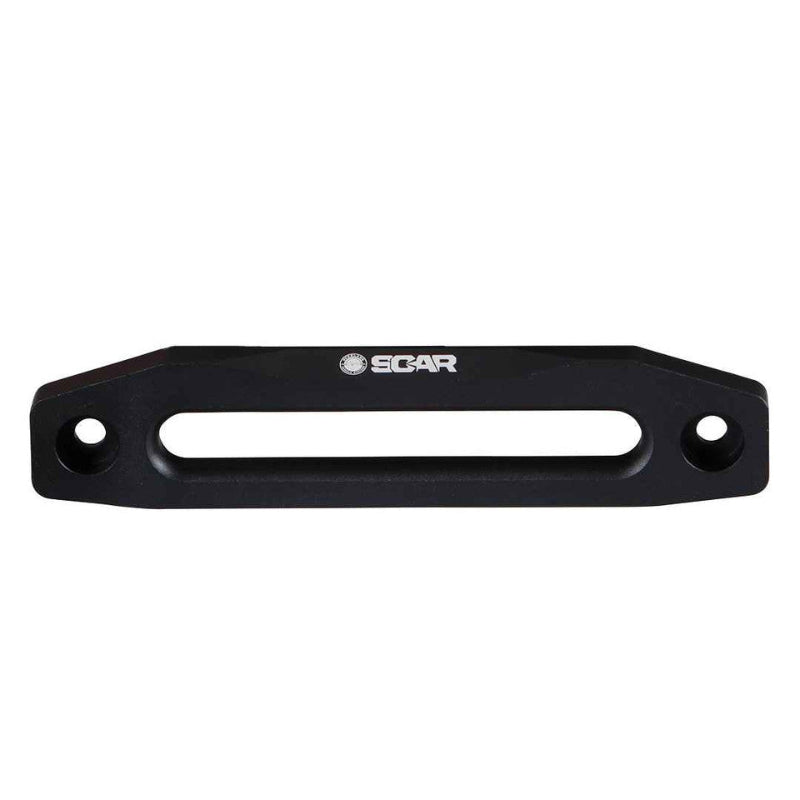 Image of OVS recovery winch aluminum fairlead with black powder coat and clear finish, straight front-facing view showing smooth tapered slot and mounting holes on a white background.