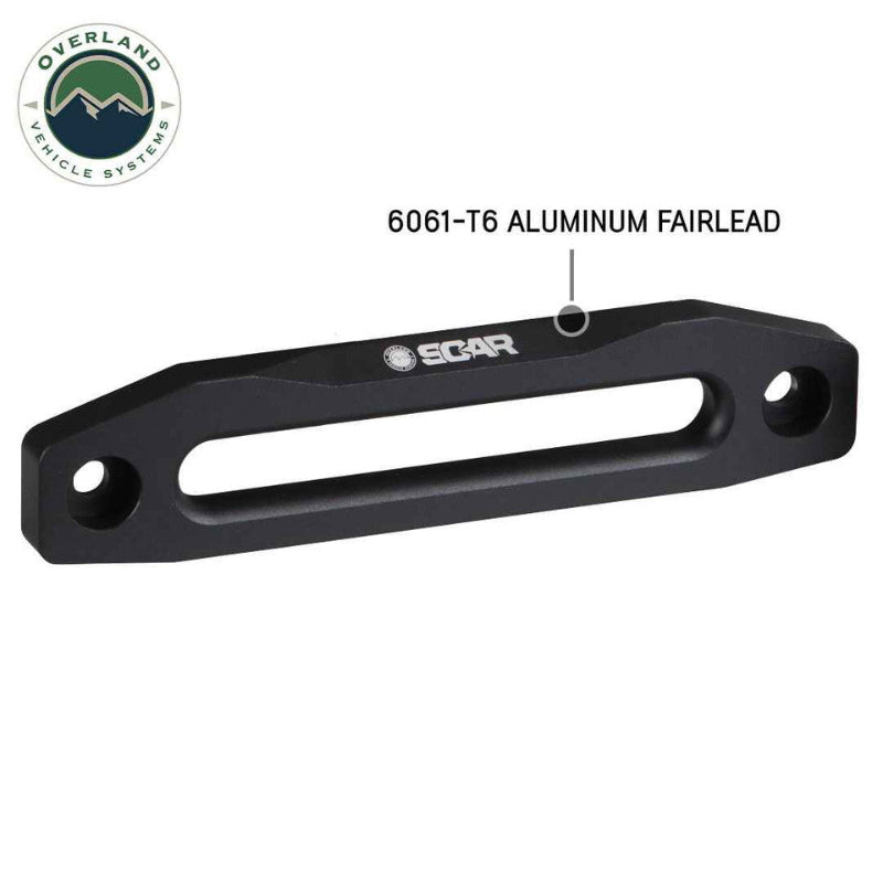 Image of OVS 6061-T6 aluminum winch fairlead with black powder coat and clear finish, angled front and side view highlighting smooth tapered slot and mounting holes on a white background.