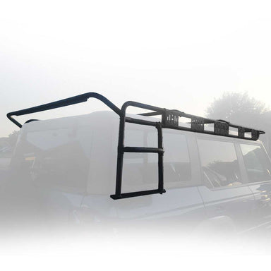 Image of a black King 4WD roof rack and integrated ladder mounted on a white 2021-2023 Ford Bronco 4-door hardtop, shown from a rear and side angled view