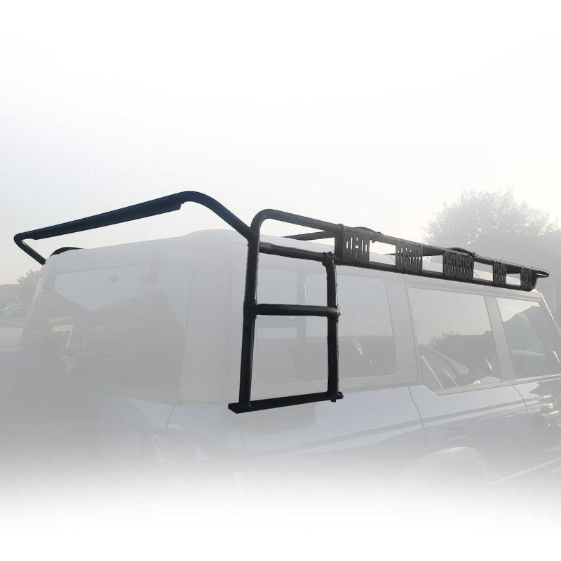 Image of a black King 4WD roof rack and integrated ladder mounted on a white 2021-2023 Ford Bronco 4-door hardtop, shown from a rear and side angled view