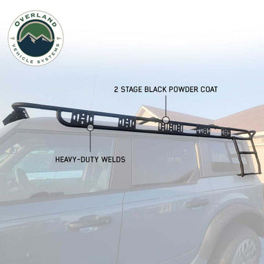 Image of a black roof rack mounted on a Ford Bronco, highlighting the heavy-duty welds and the durable 2-stage black powder coat finish, shown from a side view