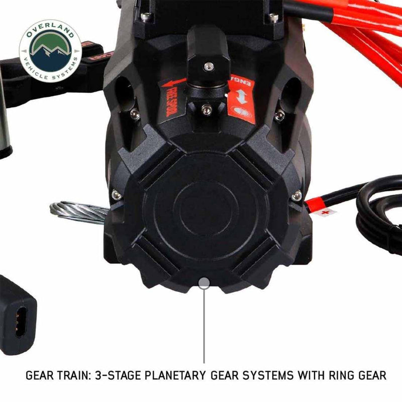 A close-up image of the front of the Overland Vehicle Systems (OVS) SCAR Series Winch. The image highlights the black gear housing of the winch and the text "GEAR TRAIN: 3-STAGE PLANETARY GEAR SYSTEMS WITH RING GEAR" is visible at the bottom