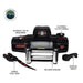 An infographic-style image of the Overland Vehicle Systems (OVS) SCAR Series Winch on a white background. The image uses callouts to label key features, including the automatic out of drum brake, clockable clutch handle, forged steel hook, included fairlead, and wireless remote
