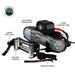 An infographic-style image of the Overland Vehicle Systems (OVS) SCAR Series Winch on a white background. The image uses callouts to label key components including the 6.5 HP motor, forged steel hook, included fairlead, wireless remote, and 3-stage planetary gear system