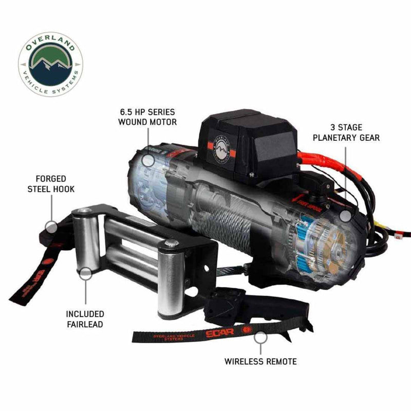 An infographic-style image of the Overland Vehicle Systems (OVS) SCAR Series Winch on a white background. The image uses callouts to label key components including the 6.5 HP motor, forged steel hook, included fairlead, wireless remote, and 3-stage planetary gear system