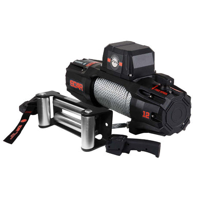 Image of an OVS SCAR 12 Steel Cable Winch, angled front view on a white background. It shows the black winch with a warning label and the number 12, the steel cable spooled, a silver hawse fairlead, and a remote controller