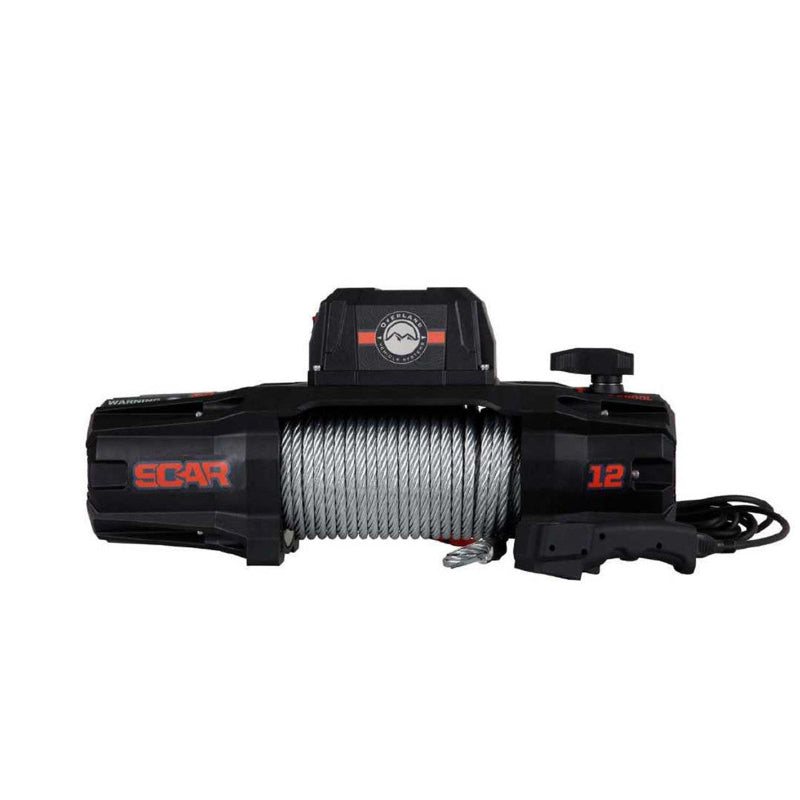 Image of an OVS SCAR 12 Steel Cable Winch, front view on a white background, with a steel winch line pre-spooled. The black winch has "SCAR" and "12" printed on it, and a remote controller is visible on the right