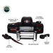 Image of the OVS SCAR 12 Steel Cable Winch and its components laid out on a white background, with labels pointing to each part. The main winch unit with a steel cable is in the center, flanked by a forged steel hook, an included fairlead, and a wireless remote