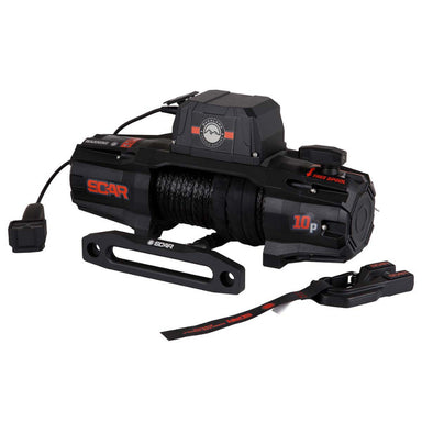 Black OVS SCAR Synthetic Rope Winch on a white background. The winch is angled to show the synthetic rope wound around the drum, the free spool lever, and the wired remote control