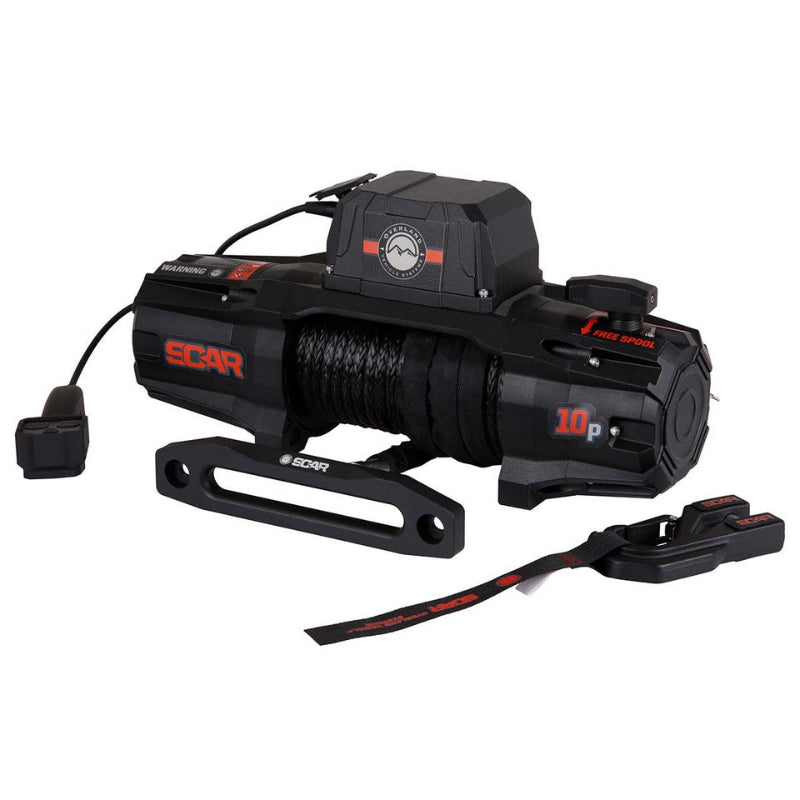 Black OVS SCAR Synthetic Rope Winch on a white background. The winch is angled to show the synthetic rope wound around the drum, the free spool lever, and the wired remote control