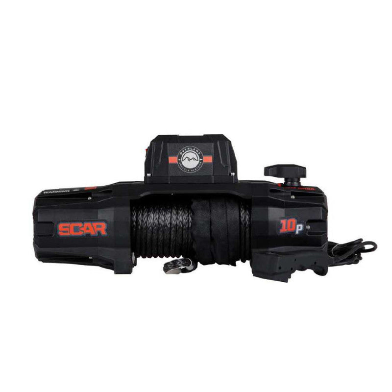 Black OVS SCAR Synthetic Rope Winch viewed from the front on a white background. The winch shows its full length with the synthetic rope spooled and a shackle attached