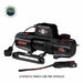 Image of the black Overland Vehicle Systems (OVS) SCAR winch with a red '12p' and a close-up on the pre-spooled synthetic winch line. The winch includes a hook, remote, and strap, all on a white background