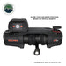 Image of the Overland Vehicle Systems (OVS) SCAR winch, showing a front view of the black winch with the synthetic rope wound around the spool. The image highlights the adjustable solenoid position with an inset text description on a white background