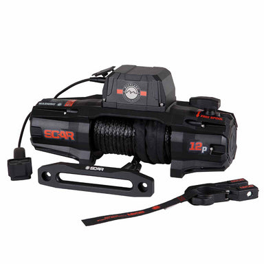Overland Vehicle Systems (OVS) SCAR 12,000 lb. winch, black synthetic rope on spool with red lettering, includes remote and strap. A front view of the winch on a white background