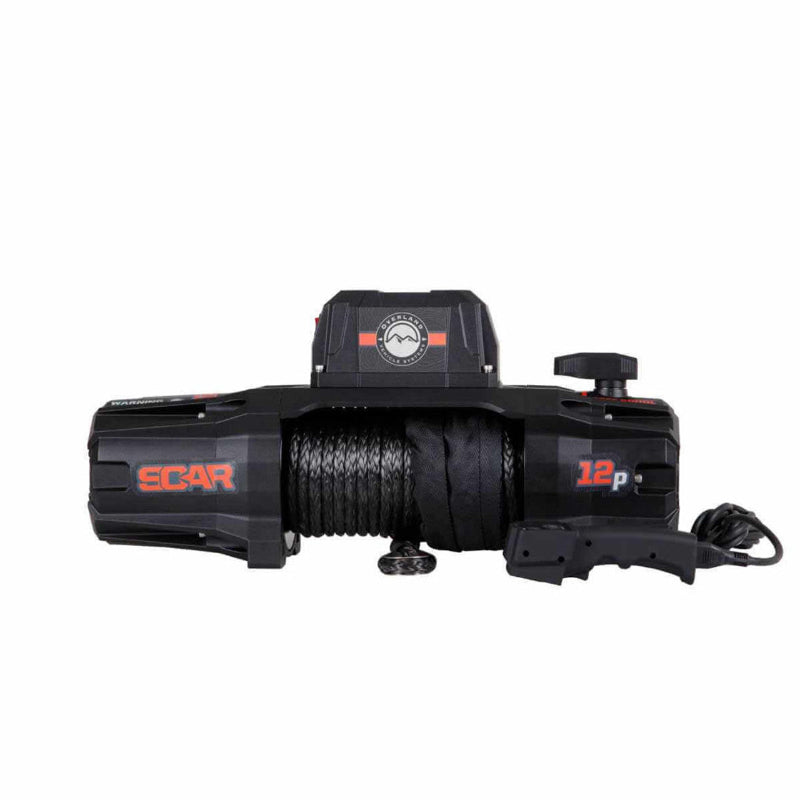 Image of the Overland Vehicle Systems (OVS) SCAR 12,000 lb. winch, front view, with black synthetic rope on the spool. The winch is black with red lettering, including the '12p' and 'SCAR' logos, and is shown with its remote control