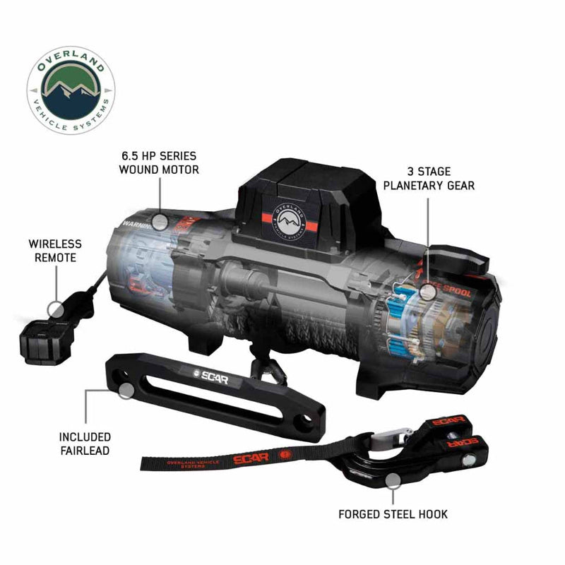 Image of the black Overland Vehicle Systems (OVS) SCAR winch, with a transparent overlay showing the internal components, including the 6.5 HP series wound motor and the 3-stage planetary gear system. Labels point to the internal parts, wireless remote, included fairlead, and forged steel hook