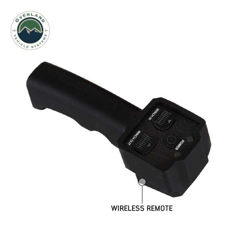 Image of the black wireless remote for the Overland Vehicle Systems (OVS) SCAR winch, showing the 'WINCH IN', 'WINCH OUT', and 'POWER' buttons. The remote is angled on a white background, highlighting its ergonomic design