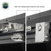 Image displaying a close-up of two heavy-duty marine-grade stainless steel latches on a black hardshell rooftop tent, with one latch open and the other closed, highlighting their robust construction. The "Overland Vehicle Systems" logo is in the top left corner, all on a white background