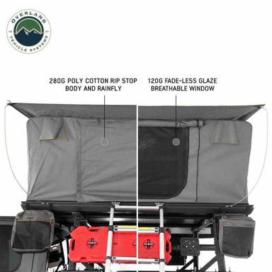 Image detailing the features of a dark grey rooftop tent, highlighting its 280G Poly Cotton Rip Stop body and rainfly, and a 120G Fade-Less Glaze breathable window, with camping gear including a red fuel can and ladder visible below. The "Overland Vehicle Systems" logo is in the top left corner, all on a white background