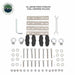 Image showcasing a collection of all marine-grade stainless steel hardware included with an Overland Vehicle Systems product, laid out on a white background. The hardware includes various bolts, nuts, washers, brackets, eye bolts, an L-wrench, and a spanner