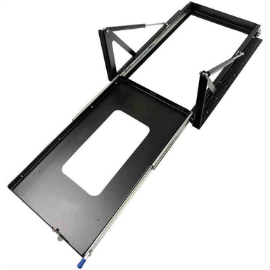 Image of heavy-duty sliding refrigerator tray mount with gas strut assist, black powder-coated steel frame with pull-out platform and side rails, angled top and side view on white background.