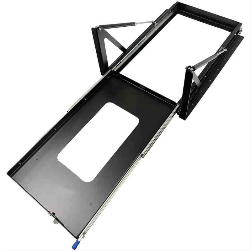 Image of heavy-duty sliding refrigerator tray mount with gas strut assist, black powder-coated steel frame with pull-out platform and side rails, angled top and side view on white background.