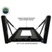 Image of heavy-duty refrigerator slide mount with gas strut arms and locking mechanism, black powder-coated steel frame shown fully extended, front-facing view on white background.