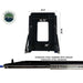 Image of heavy-duty refrigerator slide mount with labeled dimensions and stainless steel runners, black powder-coated steel frame shown front and side profile with measurements on white background.