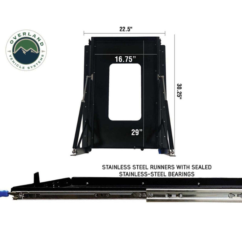 Image of heavy-duty refrigerator slide mount with labeled dimensions and stainless steel runners, black powder-coated steel frame shown front and side profile with measurements on white background.