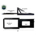 Image of heavy-duty refrigerator slide mount showing gas shocks, vertical support posts, and pre-drilled mounting holes, black powder-coated steel frame displayed in side and top views with measurements on white background.